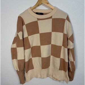 LILLUSORY Womens Checkerboard Oversized Crewneck Sweater Tan Cream Size L